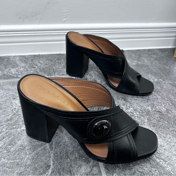 Coach Meggie Black Leather Open-Toe Block Heel Mules Size 7.5B - Picture 2 of 16